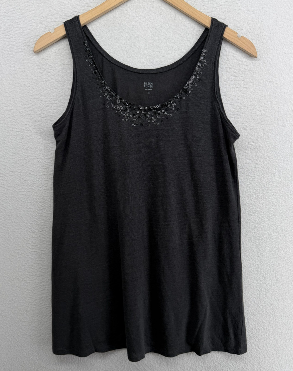 EILEEN FISHER Tank Top XS Linen Slub Jersey Embellished Scoop Neck Shell Gray